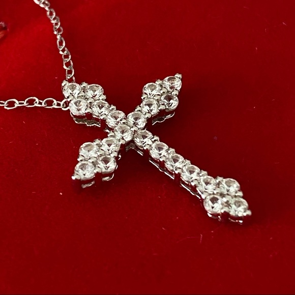 14k white gold over 925 white lab sapphires Cross necklace - Picture 6 of 16